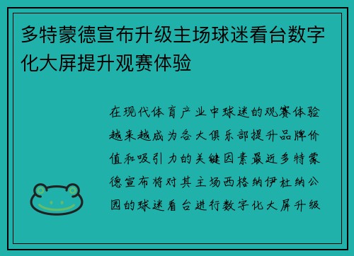 多特蒙德宣布升级主场球迷看台数字化大屏提升观赛体验