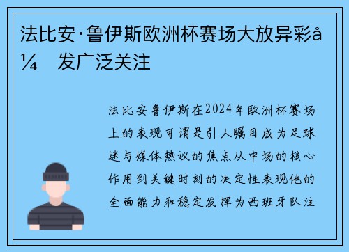 法比安·鲁伊斯欧洲杯赛场大放异彩引发广泛关注