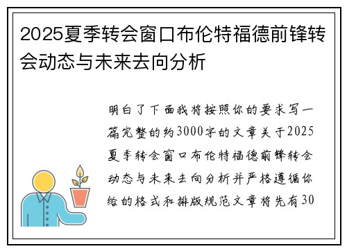 2025夏季转会窗口布伦特福德前锋转会动态与未来去向分析