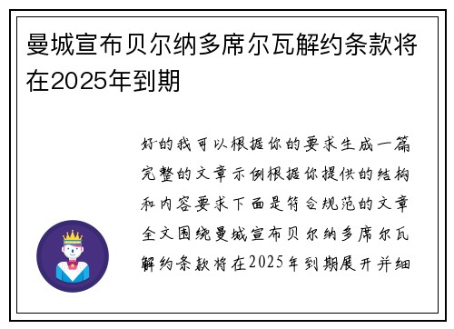 曼城宣布贝尔纳多席尔瓦解约条款将在2025年到期